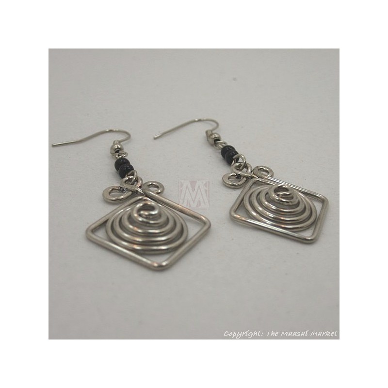 Silver Wire Maasai Bead Square Spiral Earrings