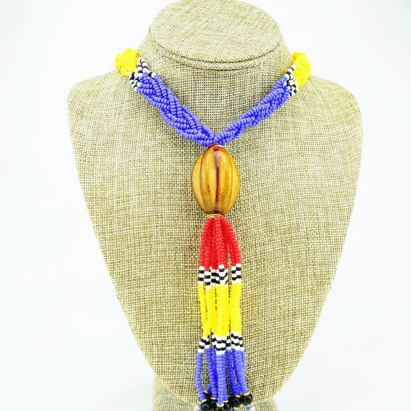 Multi Color Braided Maasai Bead Tassel Necklace