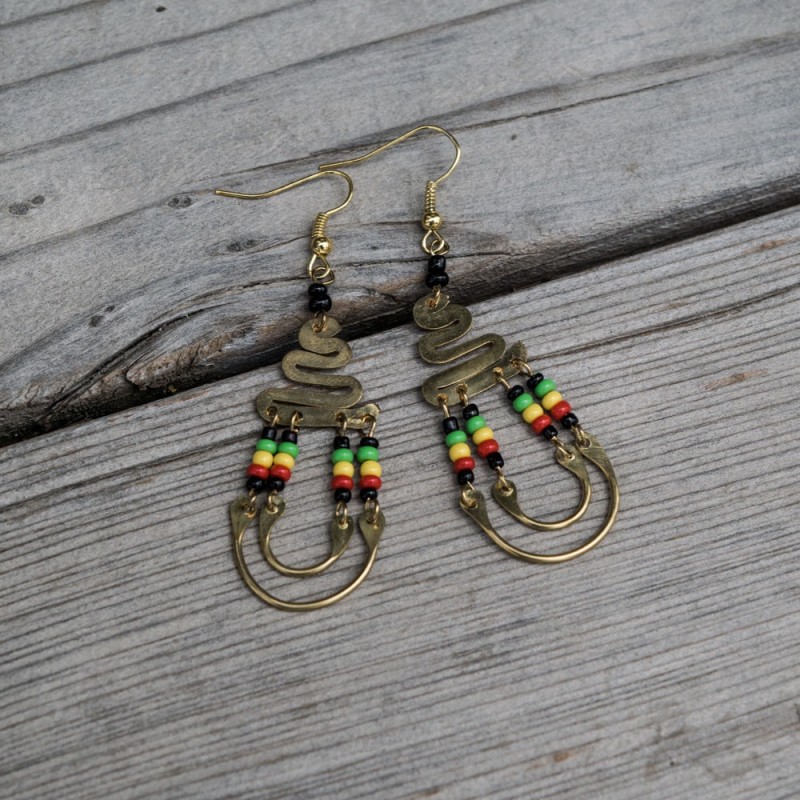 Maasai Market Brown African Handmade Glass Givre Beads Brass Earrings 653-1-103 