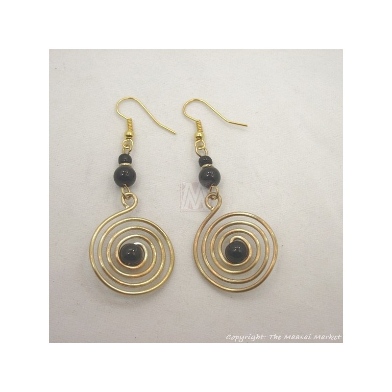 Brass Wire Color Bead Swirl Earrings Black