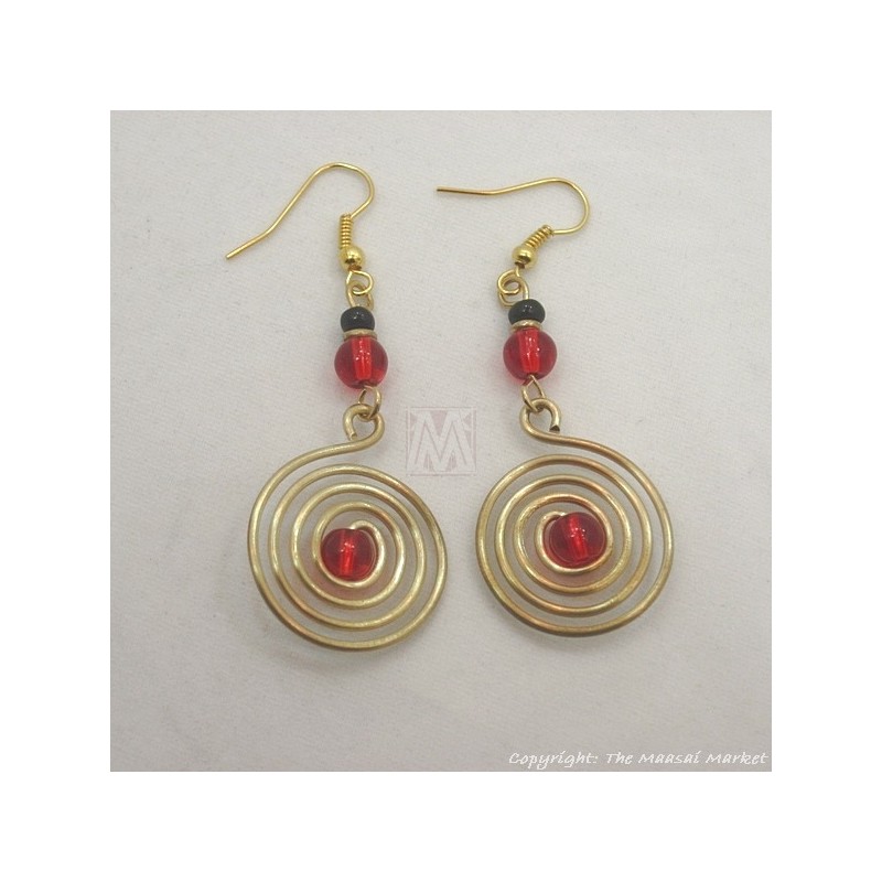 Brass Wire Color Bead Swirl Earrings Red