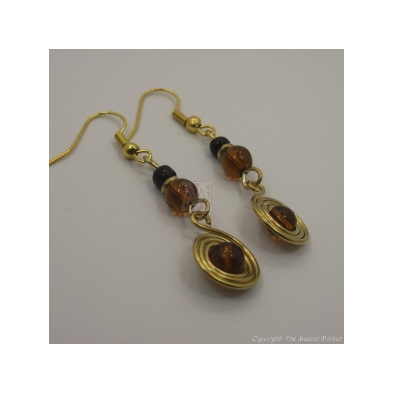 Brass Wire Color Bead Swirl Earrings Brown 2