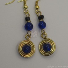 Brass Wire Color Bead Swirl Earrings Dark Blue 2