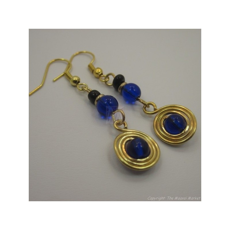 Brass Wire Color Bead Swirl Earrings Dark Blue 2