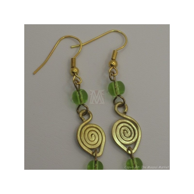 Brass Wire Color Bead Swirl Earrings Green