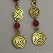Brass Wire Color Bead Swirl Earrings Red 2