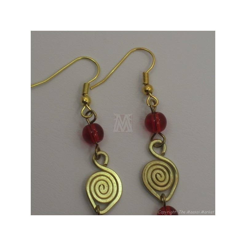Brass Wire Color Bead Swirl Earrings Red 2