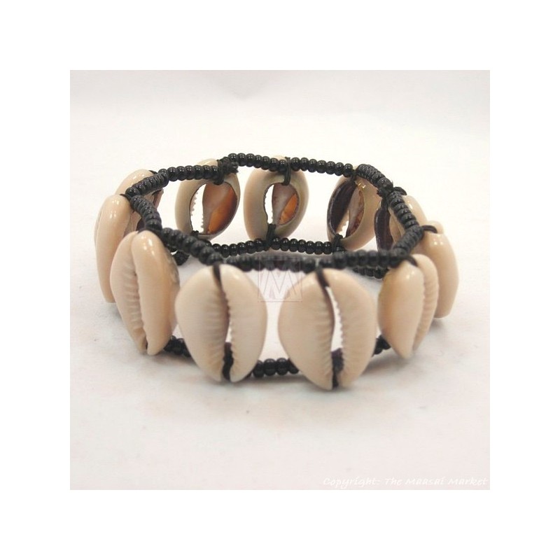 Maasai Cowrie Shells Elastic Bracelet (Black/ White)