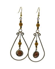 African Handmade Amber Glass Bead Brass Wire Teardrop Earrings