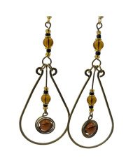 African Handmade Amber Glass Bead Brass Wire Teardrop Earrings Close