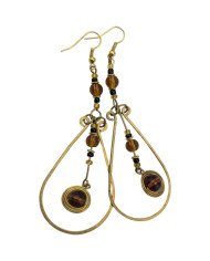 African Handmade Amber Glass Bead Brass Wire Teardrop Earrings Close