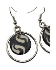 African Handmade Silver Wire Hoop Batik Bone Dangle Earrings Close