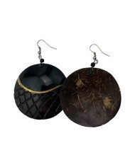 Handmade African Round Criss Cross Brown Coconut Shell Earrings Back
