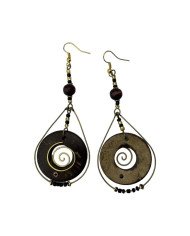 Handmade African Brass Brown Coconut Shell Dangle Earrings