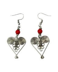 African Handmade Silver Wire Filigree Heart Earrings Red Bead Flat