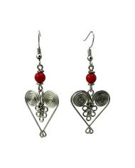 African Handmade Silver Wire Filigree Heart Earrings Red Bead Hanging