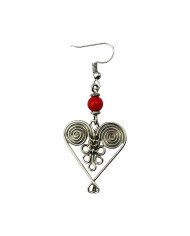 African Handmade Silver Wire Filigree Heart Earring Red Bead