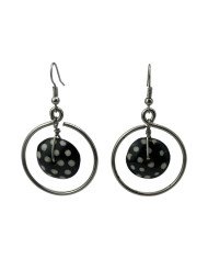 African Handmade Silver Wire Hoop Batik Polka Dot Bone Dangle Earrings Front