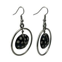 African Handmade Silver Wire Hoop Batik Polka Dot Bone Dangle Earrings Side