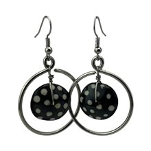 African Handmade Silver Wire Hoop Batik Dot Bone Dangle Earrings