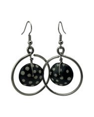 African Handmade Silver Wire Hoop Batik Dot Bone Dangle Earrings