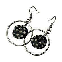 African Handmade Silver Wire Hoop Batik Polka Dot Bone Dangle Earrings Angle