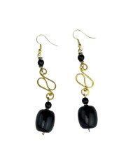 Handmade African Black Resin Hammered Brass Earrings Flat