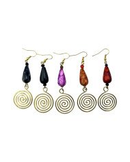 Handmade African Coiled Brass Marbled Tear Drop Bead Earrings Color Variations