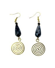 Handmade African Coiled Brass Gray Marbled Tear Drop Bead Earrings Flat