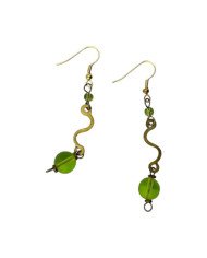 Handmade African Brass Green Glass Bead Drop Earrings Angle