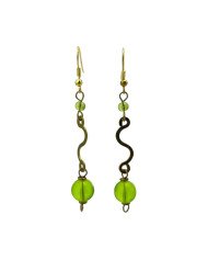 Handmade African Brass Green Glass Bead Drop Earrings