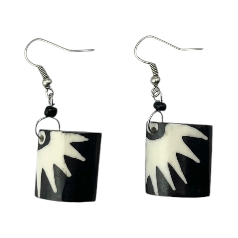 Handmade African Batik Bone Square Sunburst Dangle Earrings