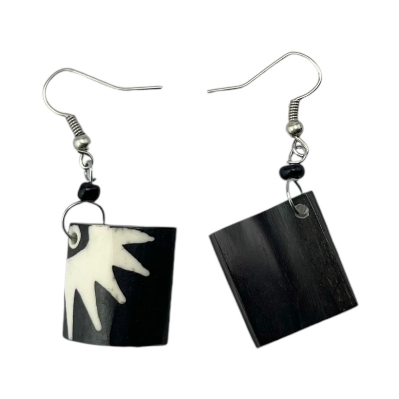Handmade African Batik Bone Square Sunburst Dangle Earrings