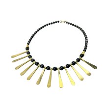 Handmade African Black Glass Bead Brass Spokes Bib Necklace Flat