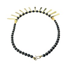 Handmade African Black Glass Bead Brass Spokes Bib Necklace Closure