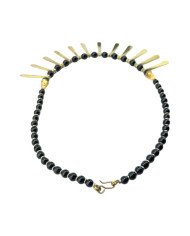 Handmade African Black Glass Bead Brass Spokes Bib Necklace Closure