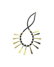Handmade African Black Glass Bead Brass Spokes Bib Necklace Twist
