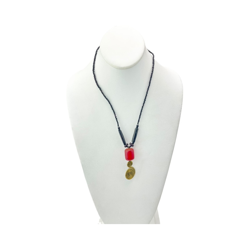 African Handmade Maasai Amber Bead Brass Swirl Pendant Necklace