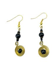 African Brass Wire Spiral Earrings Black Beads