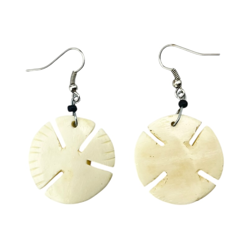 African Handmade Natural White Round Notched Cow Bone Earrings