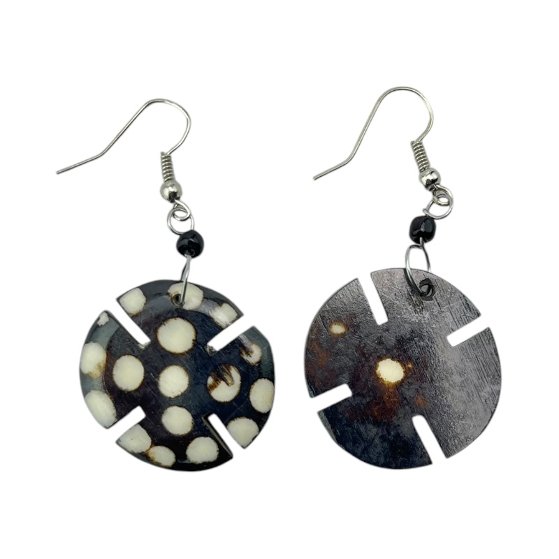 African Handmade Round Polka Dot Notched Batik Bone Earrings