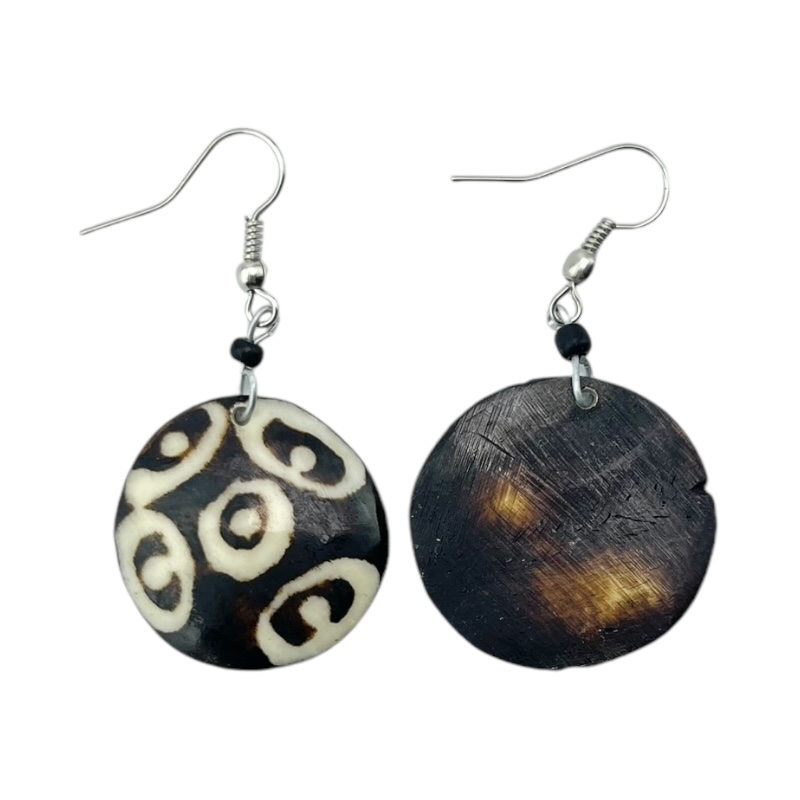 Handmade Round African Mudcloth Batik Cow Bone Earrings