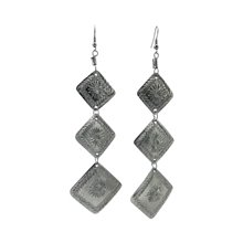African Handstamped Flower Recycled Aluminium Tiered Square Earrings Hanging