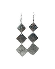 African Handstamped Sun Recycled Aluminium Tiered Square Earrings Hanging
