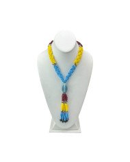 Handmade African Braided Light Blue Yellow Maasai Bead Brass Pendant Necklace