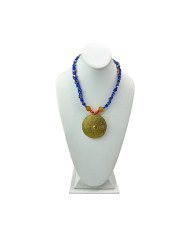 Handmade African Braided Blue Maasai Bead Brass Pendant Necklace Display