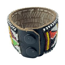 Handmade Maasai Bead Leather Cuff Bracelet Multicolor Snaps