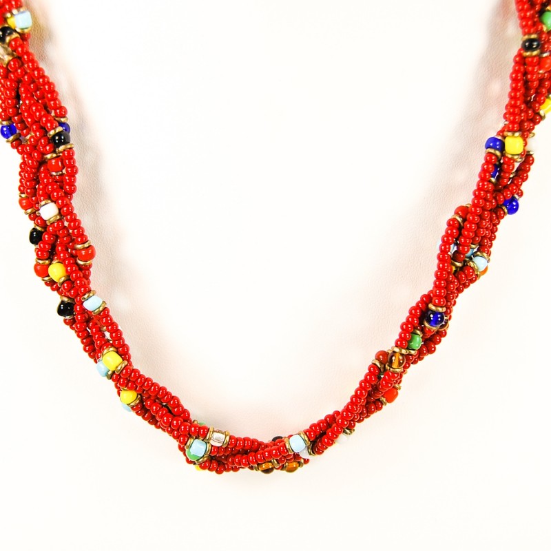 Red Maasai Krobo Tread Bead Braid Choker Necklace