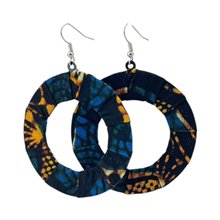 Handmade Blue Gold African Kitenge Hoop Earrings Close