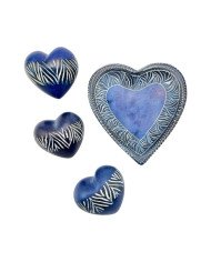 Handmade African Kisii Soapstone Heart Set – Blue Zebra Stripe